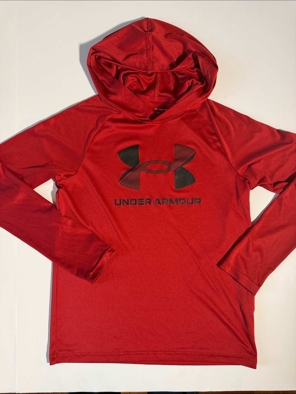 Boys YLG Under Armour Red Hooded Long-Sleeve Performance Top with Black Logo EUC